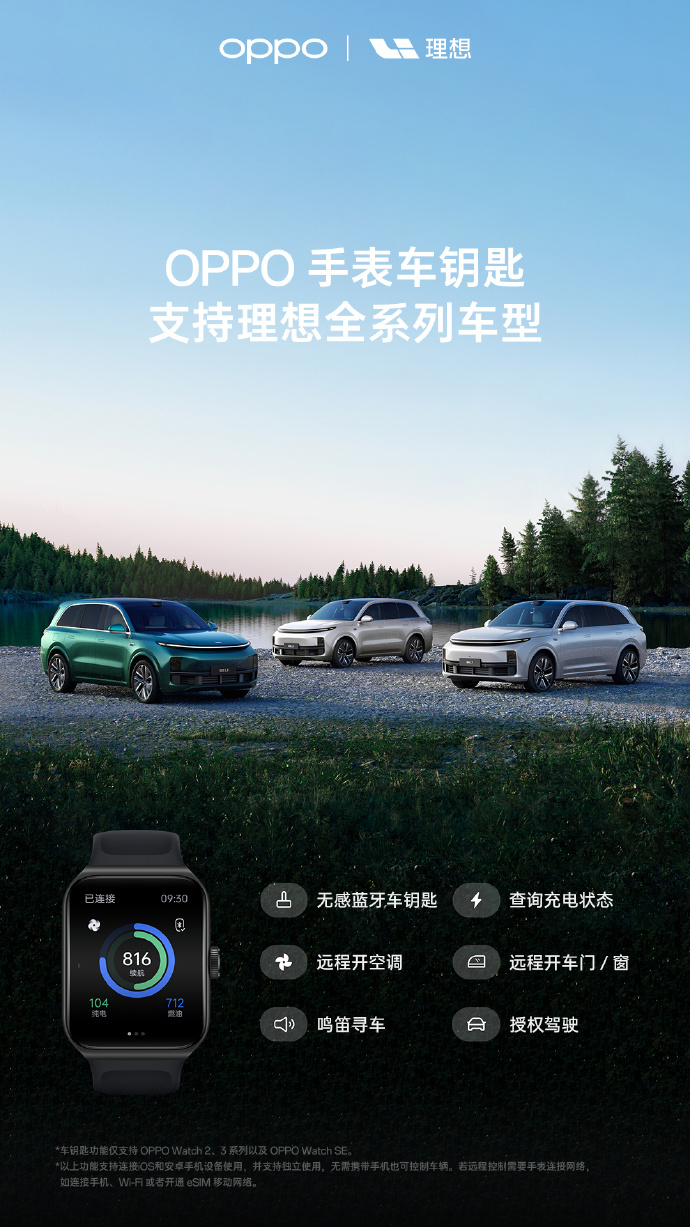 OPPO手表与理想汽车达成系统级深度合作，首家支持手表无感蓝牙车钥匙